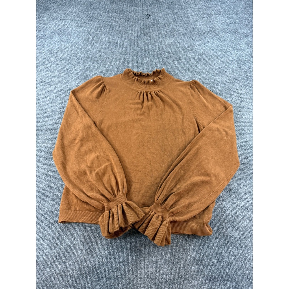 &merci Brown Ruffle Mock Neck Bishop Sleeve Knit Sweater Large